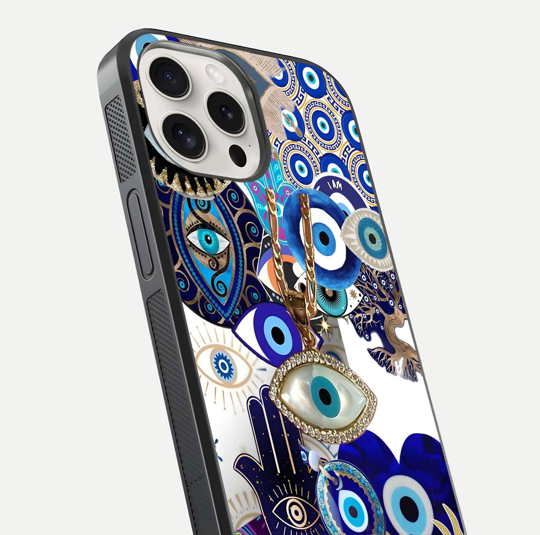 Mystic Charm Eye Glass Case for iPhone 15 Pro Max close-up angled shot showing detailed eye art and reflection