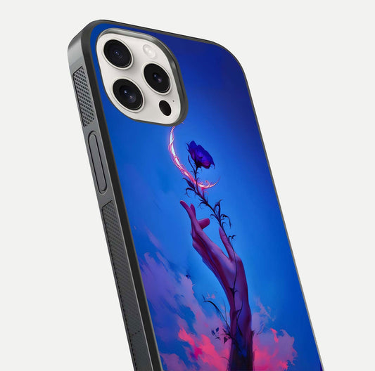 Mystic Hand Glass Case for iPhone 15 Pro Max close-up angled shot showing spiritual markings and reflection