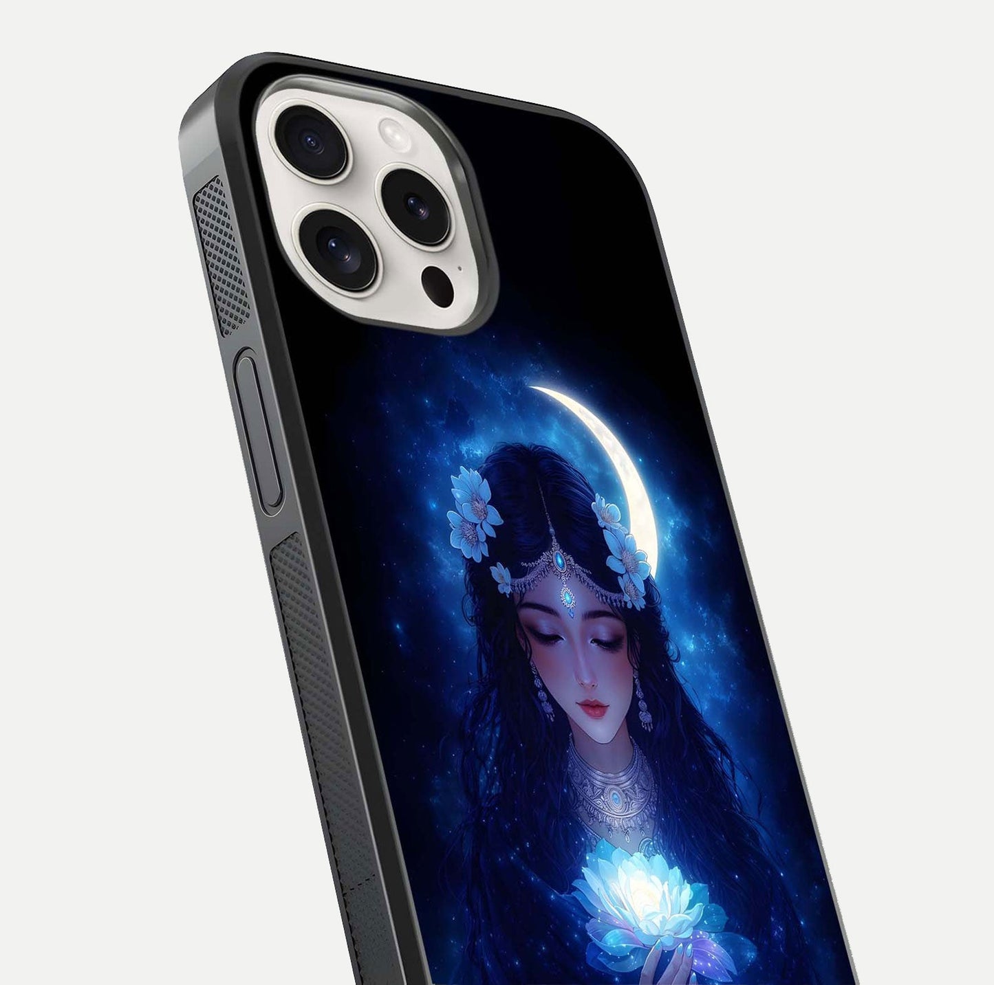 Mystic Moon Queen Glass Case for iPhone 15 Pro Max close-up angled shot showing shine and lunar tones