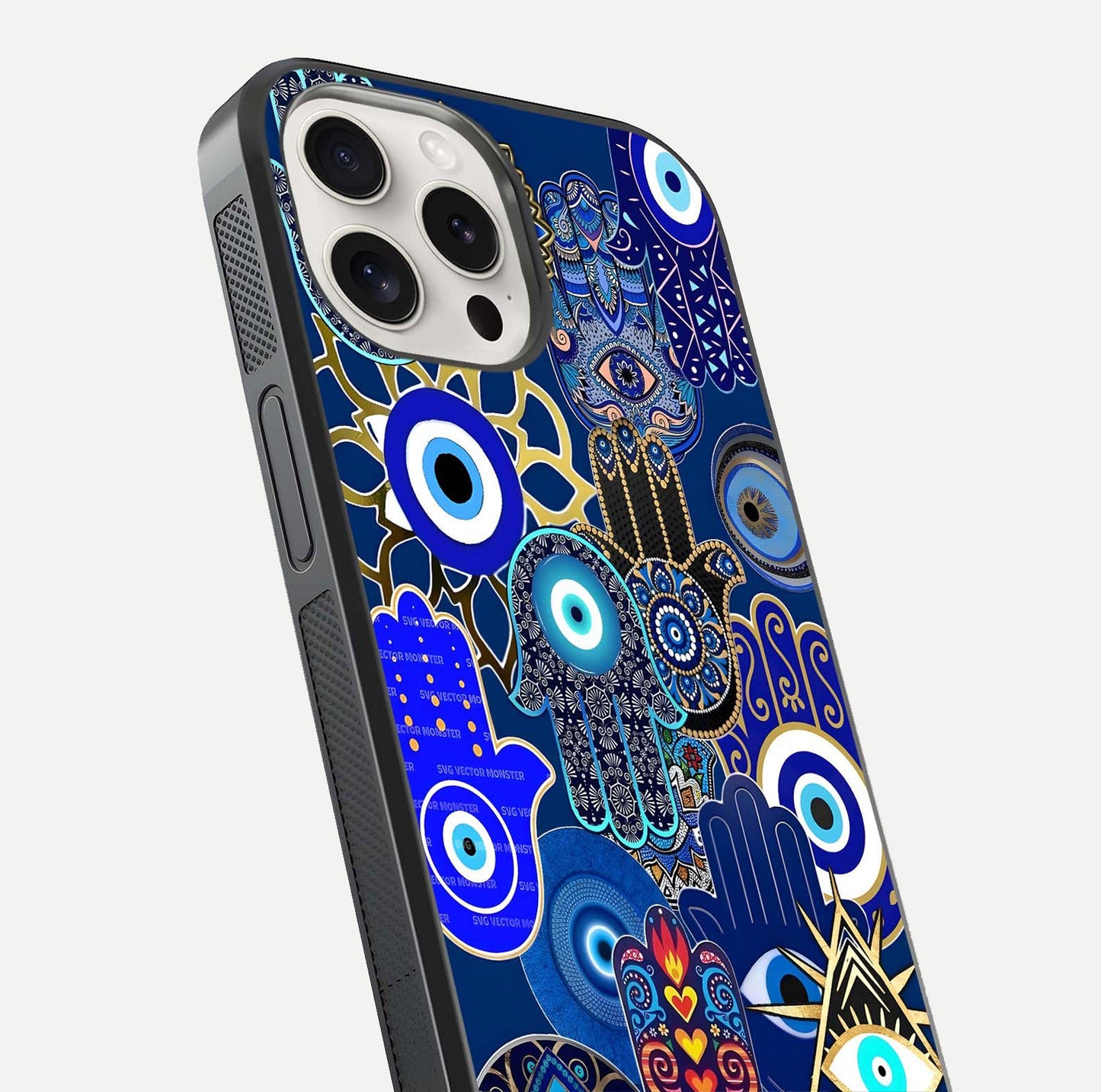 Mystic Palm Guard Glass Case for iPhone 15 Pro Max close-up angled shot showing eye symbol and fine texture