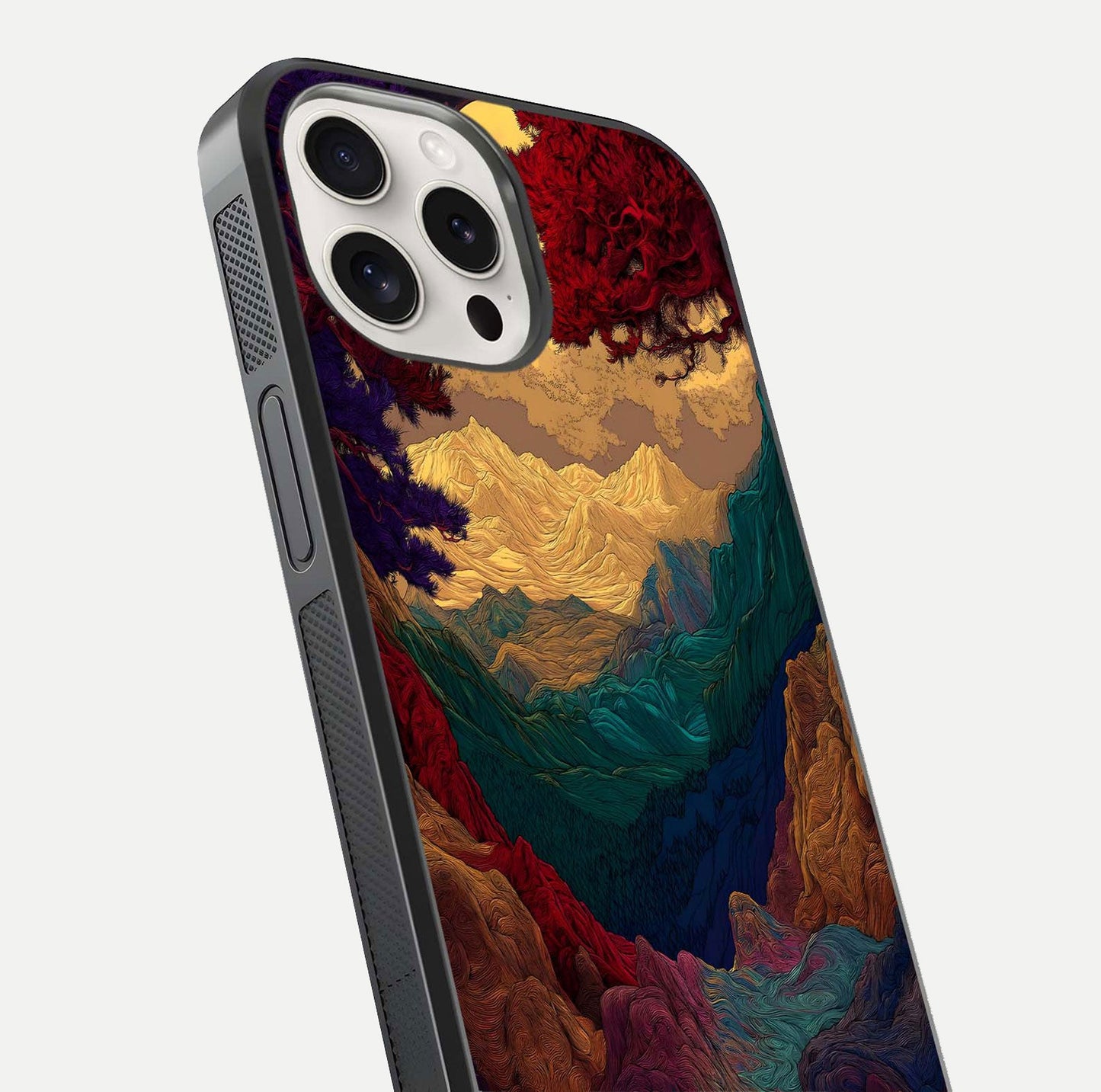 Mystic Valley Light Glass Case for iPhone 15 Pro Max close-up angled shot highlighting gradient sky and reflection