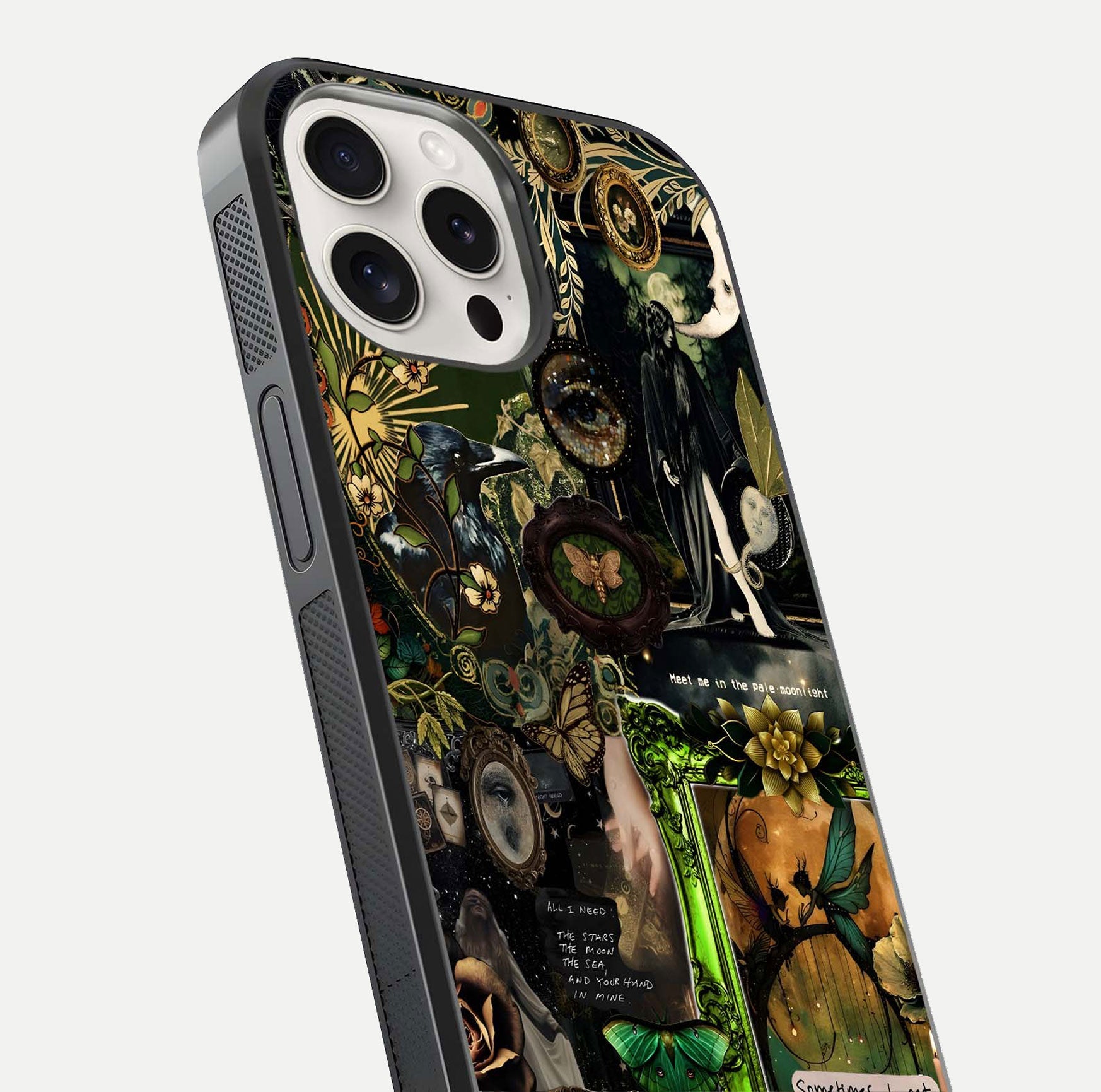 Mystic Woods Secret Glass Case for iPhone 15 Pro Max close-up angled shot highlighting tree texture and reflection