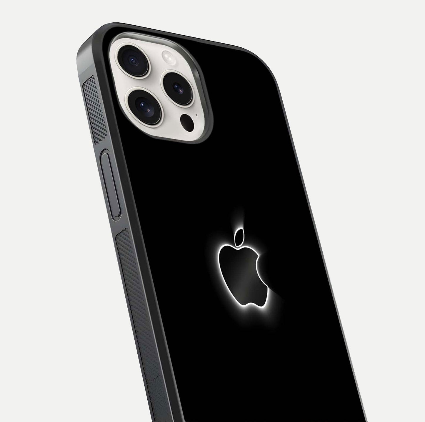 Neon Apple Glow Glass Case for iPhone 15 Pro Max close-up angled shot highlighting neon reflection and color pop
