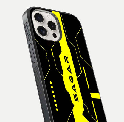 Neon CYBERPUNK Custom Name Glass Case for iPhone 15 Pro Max close-up angled shot highlighting electric colors and reflection