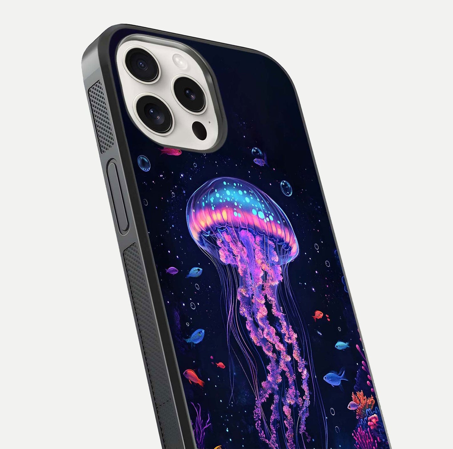 Neon Jellyfish Glass Case for iPhone 15 Pro Max close-up angled shot showing translucent jellyfish and shine reflection