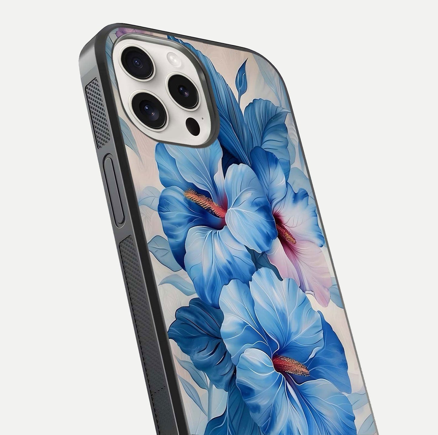 Ocean Hibiscus Grace Glass Case for iPhone 15 Pro Max close-up angled shot highlighting floral glow and HD shine