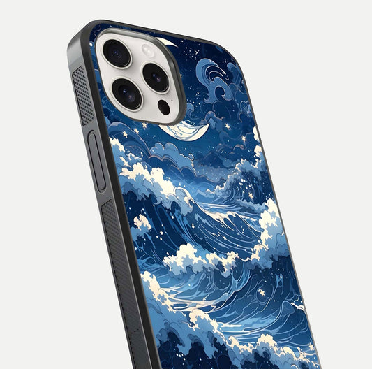 Ocean Moon Waves Glass Case for iPhone 15 Pro Max close-up angled shot showing HD reflection and calm tones
