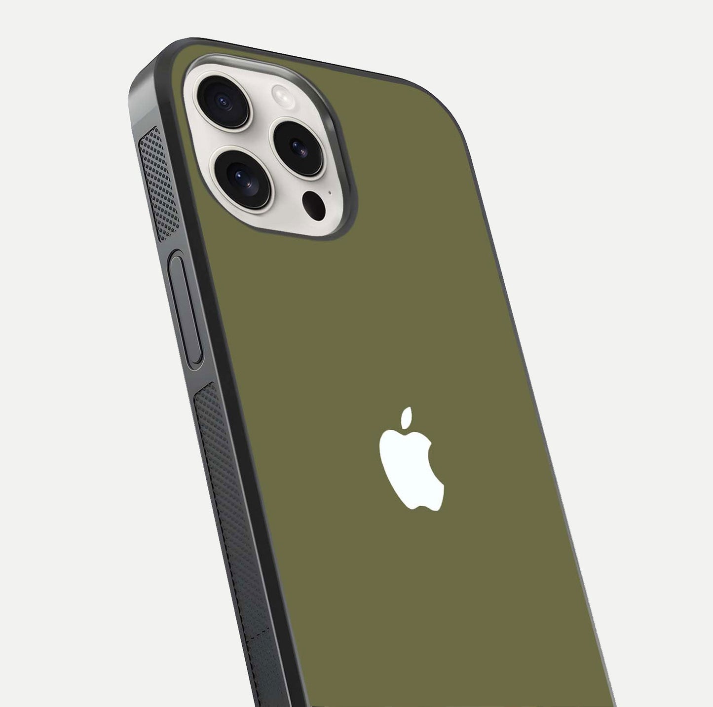 Olive Matte Essence Glass Case for iPhone 15 Pro Max close-up angled shot showing soft reflection and minimal finish