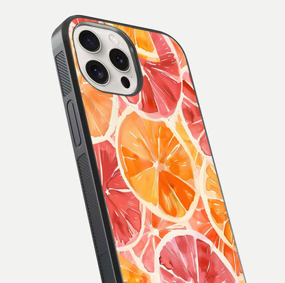 Orange Fruits Pattern Glass Case for iPhone 15 Pro Max close-up angled shot showing juicy fruit texture and reflection