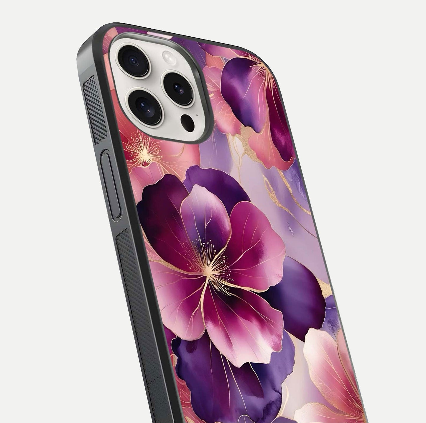 Pink Bouquet Florals Glass Case for iPhone 15 Pro Max close-up angled shot showing bouquet details and reflection