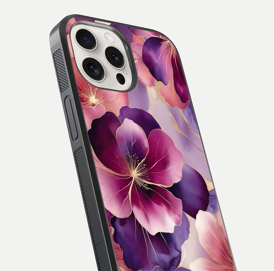 Pink Bouquet Florals Glass Case for iPhone 15 Pro Max close-up angled shot showing bouquet details and reflection