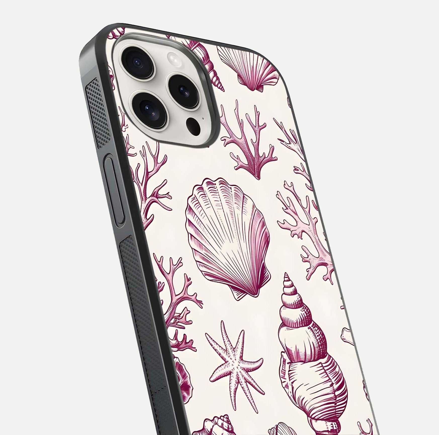 Pink Shells Outline Glass Case for iPhone 15 Pro Max close-up angled shot showing fine shell lines and reflection