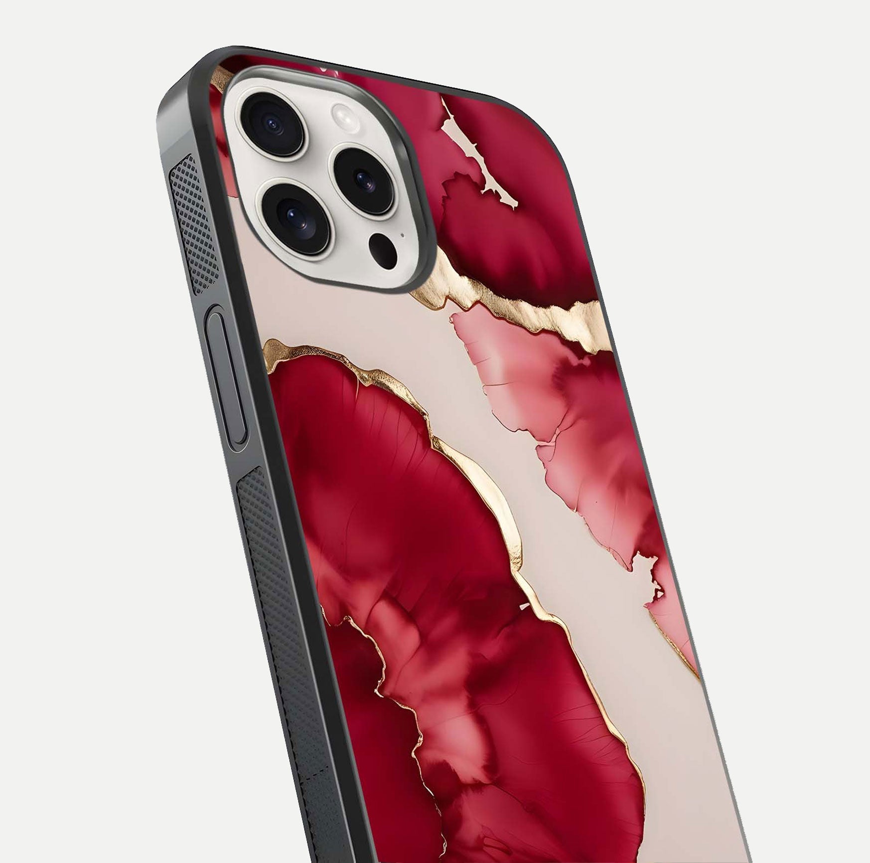 Pink & White Marble Glass Case for iPhone 15 Pro Max close-up angled shot highlighting texture and reflection shine