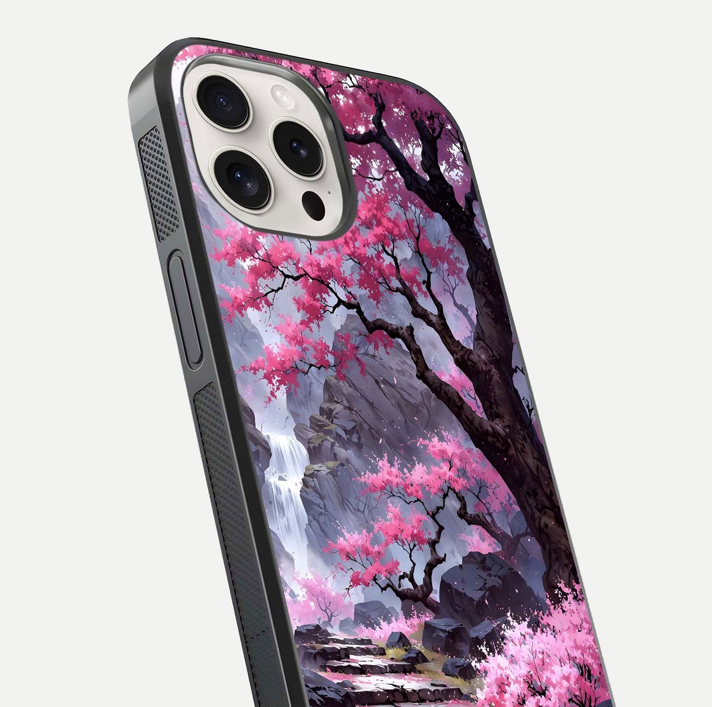 Pinkish Scenery Glass Case for iPhone 15 Pro Max close-up angled shot showing reflection and gradient color blend