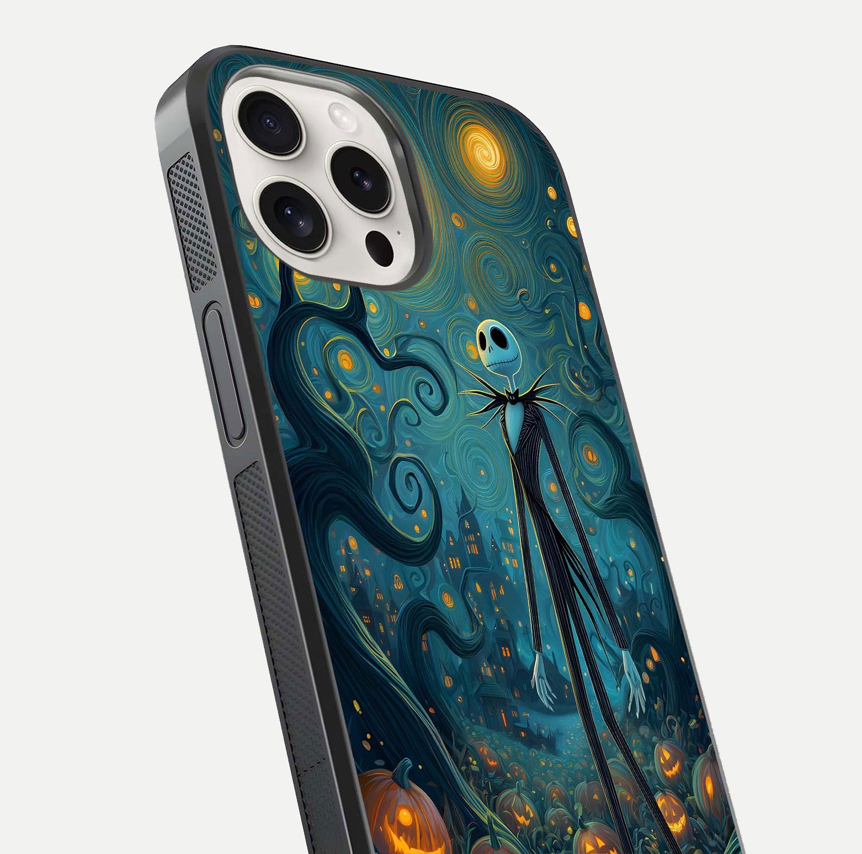 Pumpkin Moonlight Tale Glass Case for iPhone 15 Pro Max close-up angled shot highlighting reflection and vibrant glow