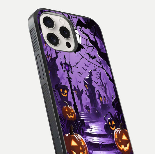 Pumpkin Patch Halloween Glass Case for iPhone 15 Pro Max close-up angled shot highlighting pumpkin texture and shine