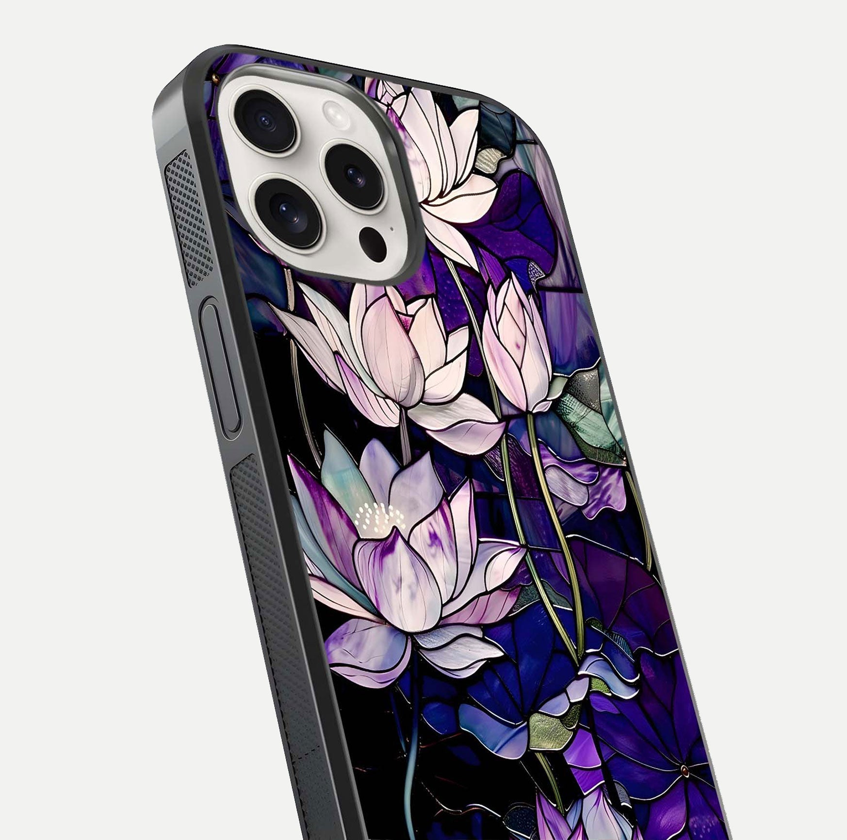 Purple Lotus Pattern Glass Case for iPhone 15 Pro Max close-up angled shot showing petal texture and HD reflection