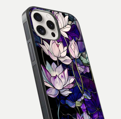 Purple Lotus Pattern Glass Case for iPhone 15 Pro Max close-up angled shot showing petal texture and HD reflection
