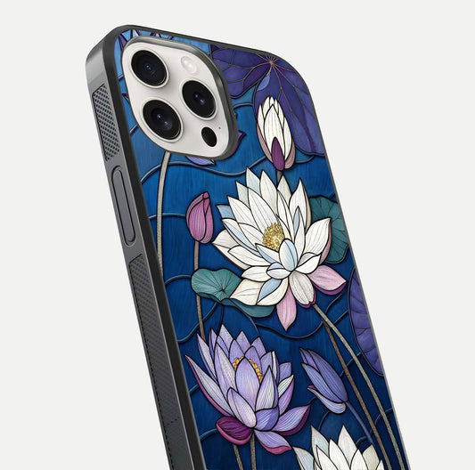 Purple Lotus Stained Glass Case for iPhone 15 Pro Max close-up angled shot highlighting glass pattern and reflection