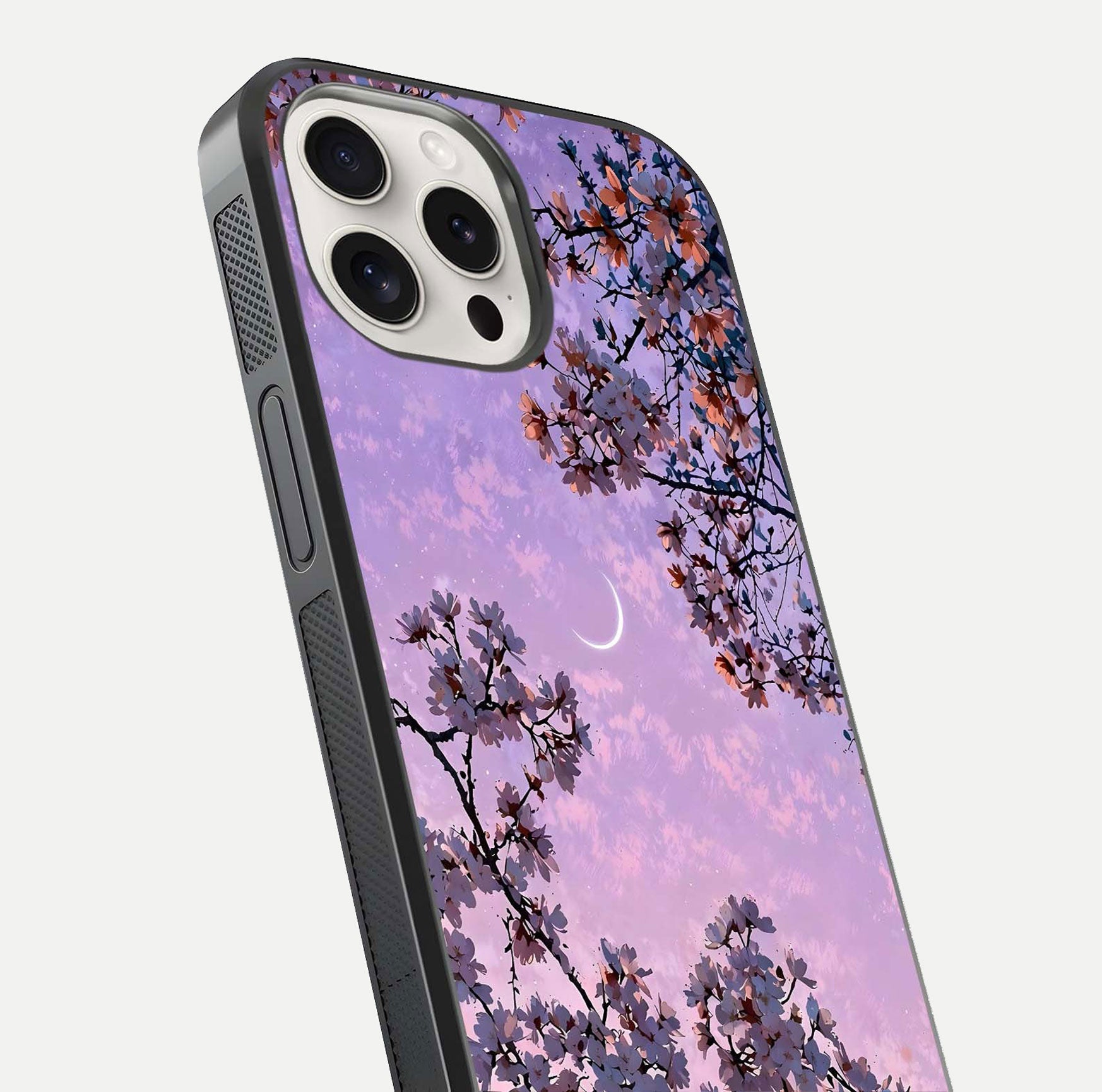 Purple Serenity Moon Glass Case for iPhone 15 Pro Max close-up angled shot showing reflection and gradient purple hues