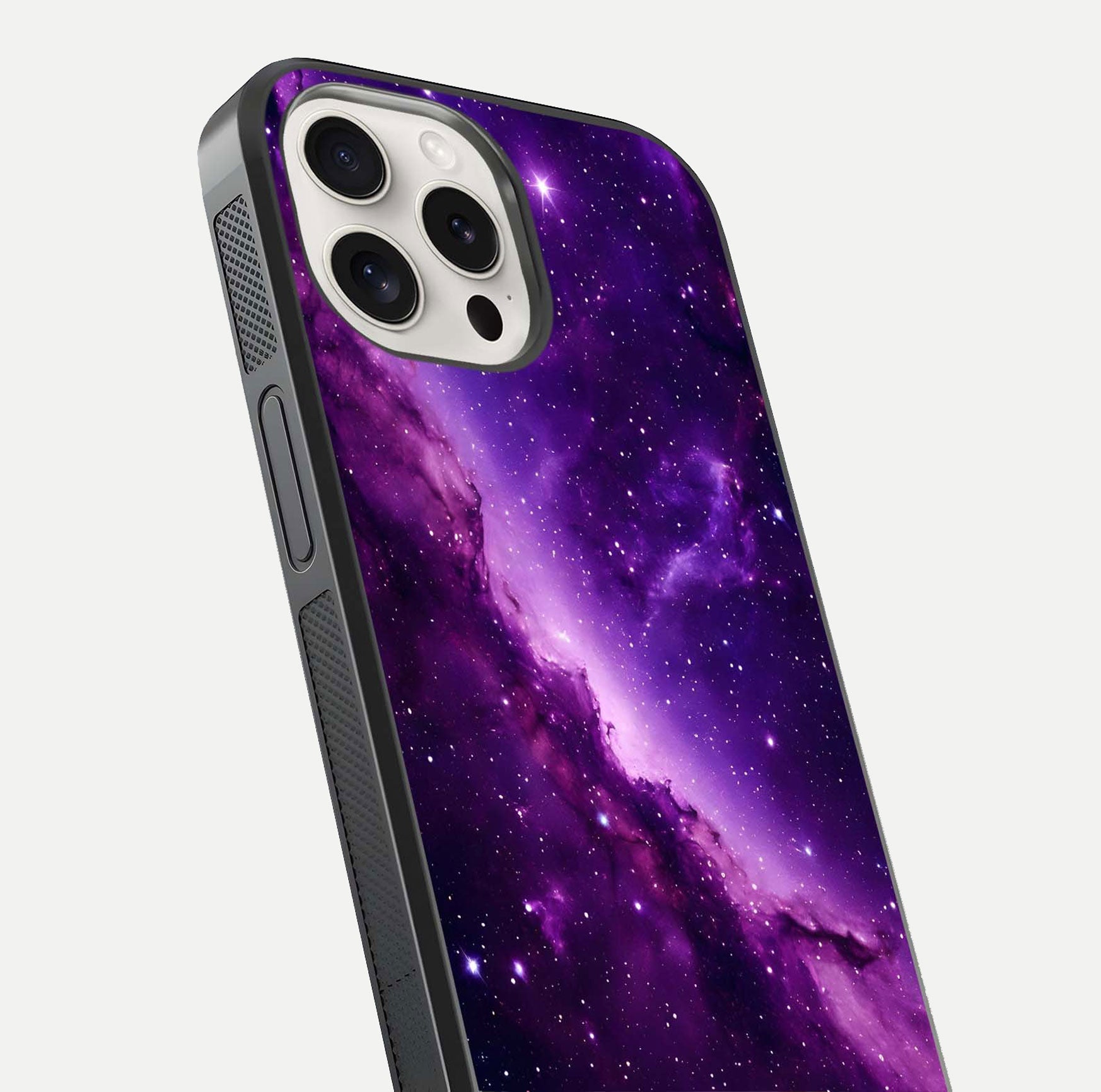 Purple Shade Sky Glass Case for iPhone 15 Pro Max close-up angled shot highlighting color gradient and reflection