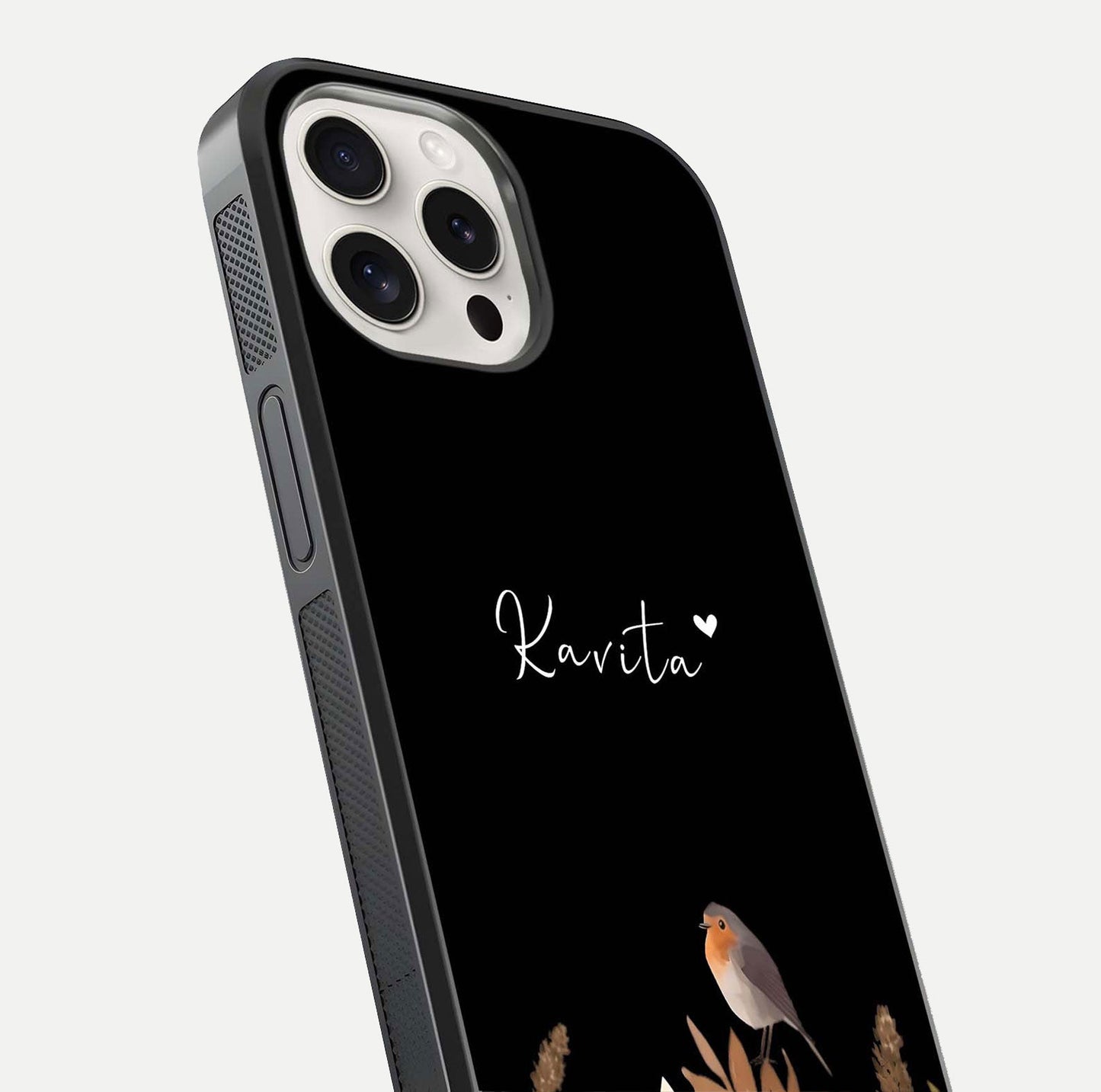 Quiet Garden Tune Custom Name Glass Case for iPhone 15 Pro Max close-up angled shot showing soft tones and gloss reflection