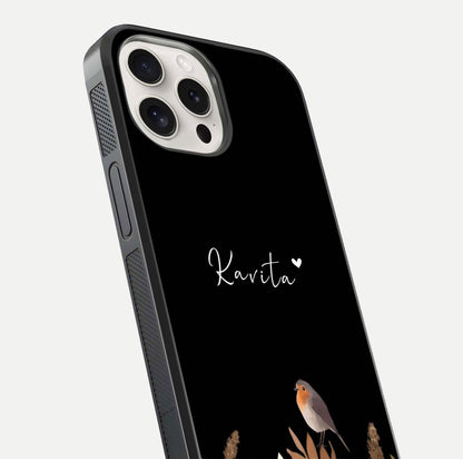 Quiet Garden Tune Custom Name Glass Case for iPhone 15 Pro Max close-up angled shot showing soft tones and gloss reflection