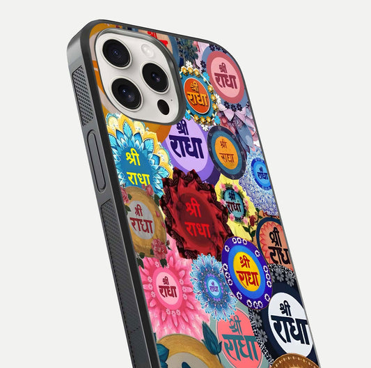 Radha Divine Bloom Glass Case for iPhone 15 Pro Max close-up angled shot highlighting divine detailing and shine