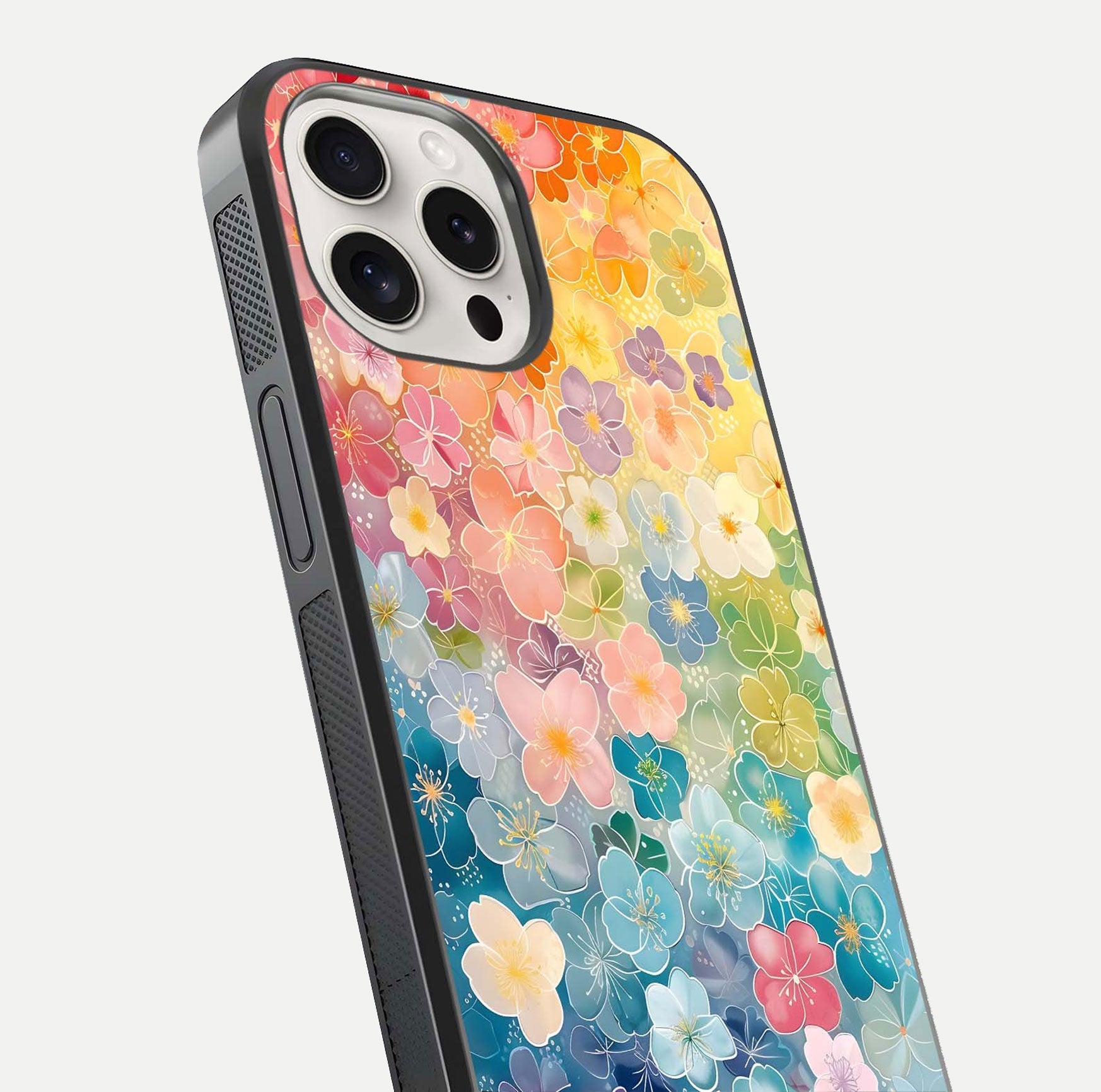 Rainbow Blossom Burst Glass Case for iPhone 15 Pro Max close-up angled shot showing petal colors and reflection