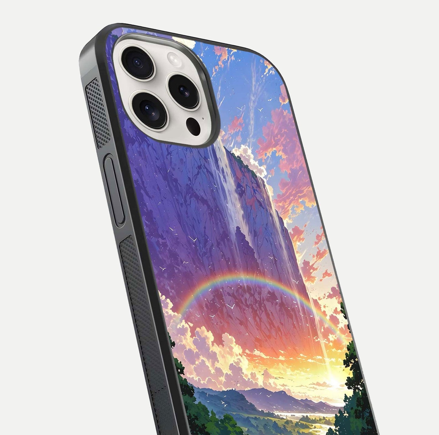 Rainbow Valley Dream Glass Case for iPhone 15 Pro Max close-up angled shot highlighting gradient tones and HD shine