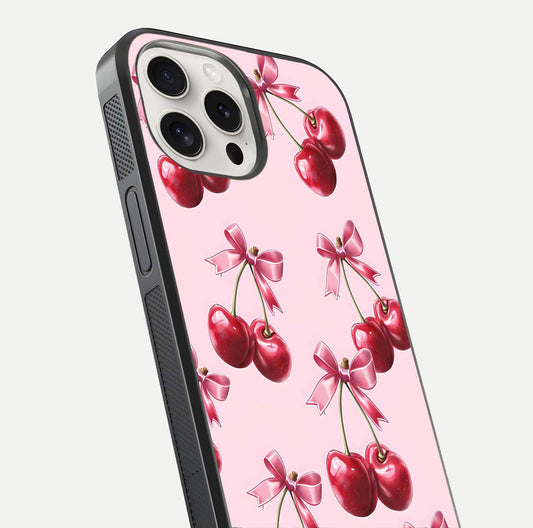 Red Cherries Pattern Glass Case for iPhone 15 Pro Max close-up angled shot showing cherry details and HD reflection