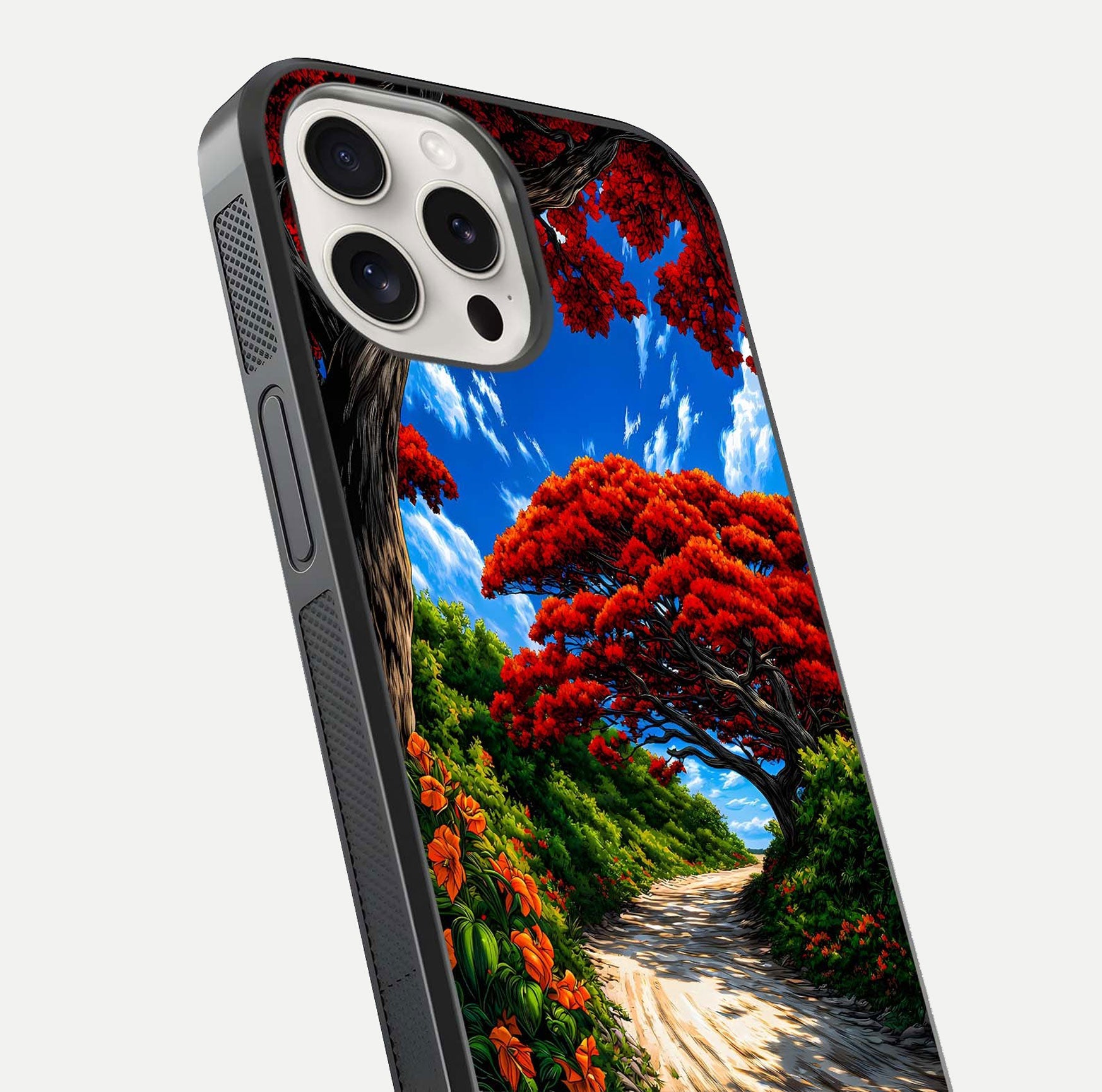 Red Trees Pathway Glass Case for iPhone 15 Pro Max close-up angled shot highlighting forest detail and reflection