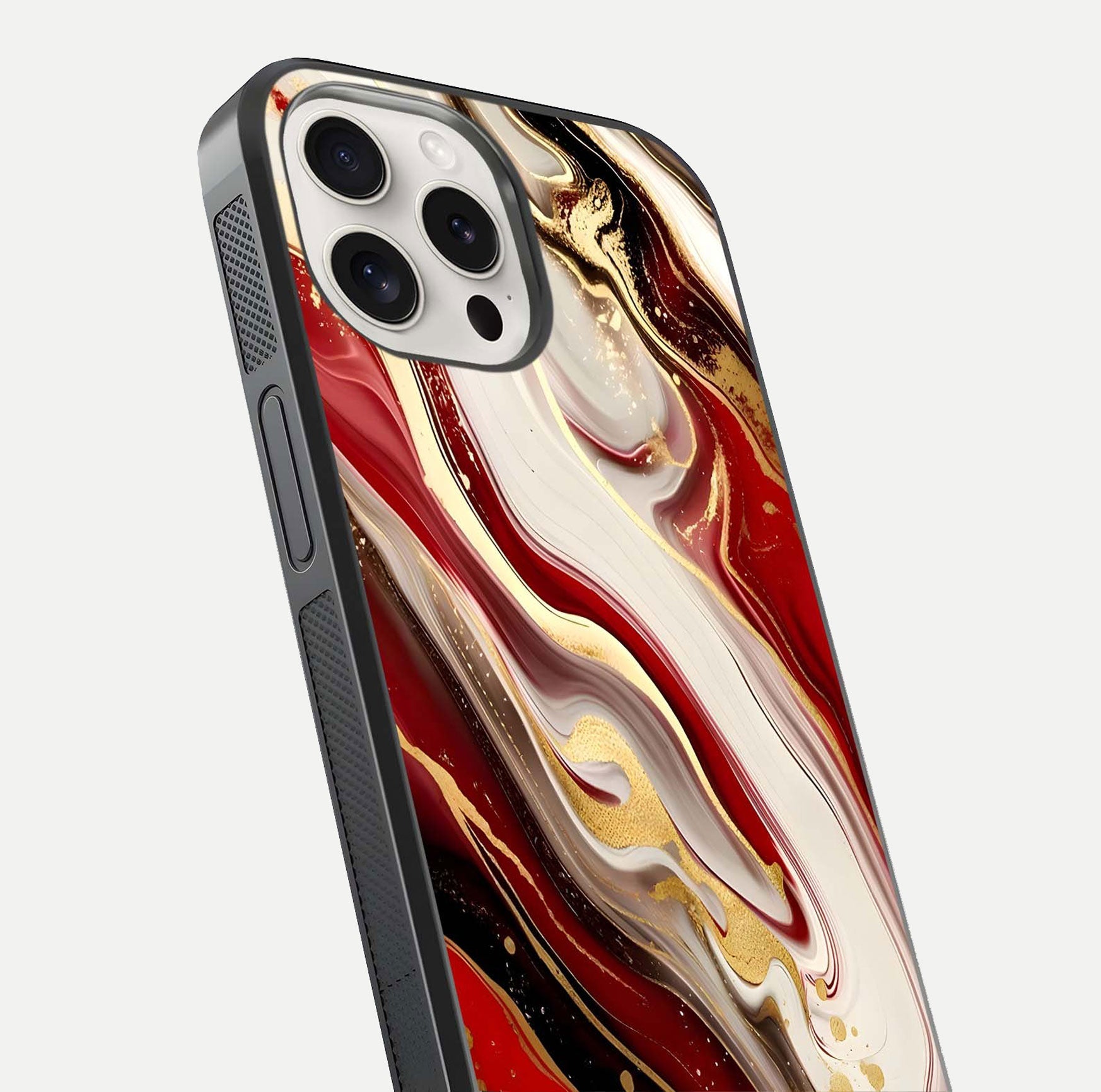 Red & White Marble Glass Case for iPhone 15 Pro Max close-up angled shot highlighting fine marble veins and reflection