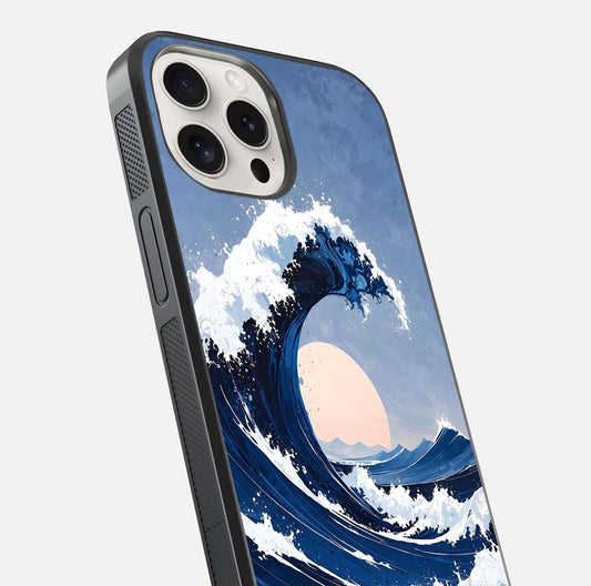 Rising Tide Power Glass Case for iPhone 15 Pro Max close-up angled shot highlighting water motion and reflection