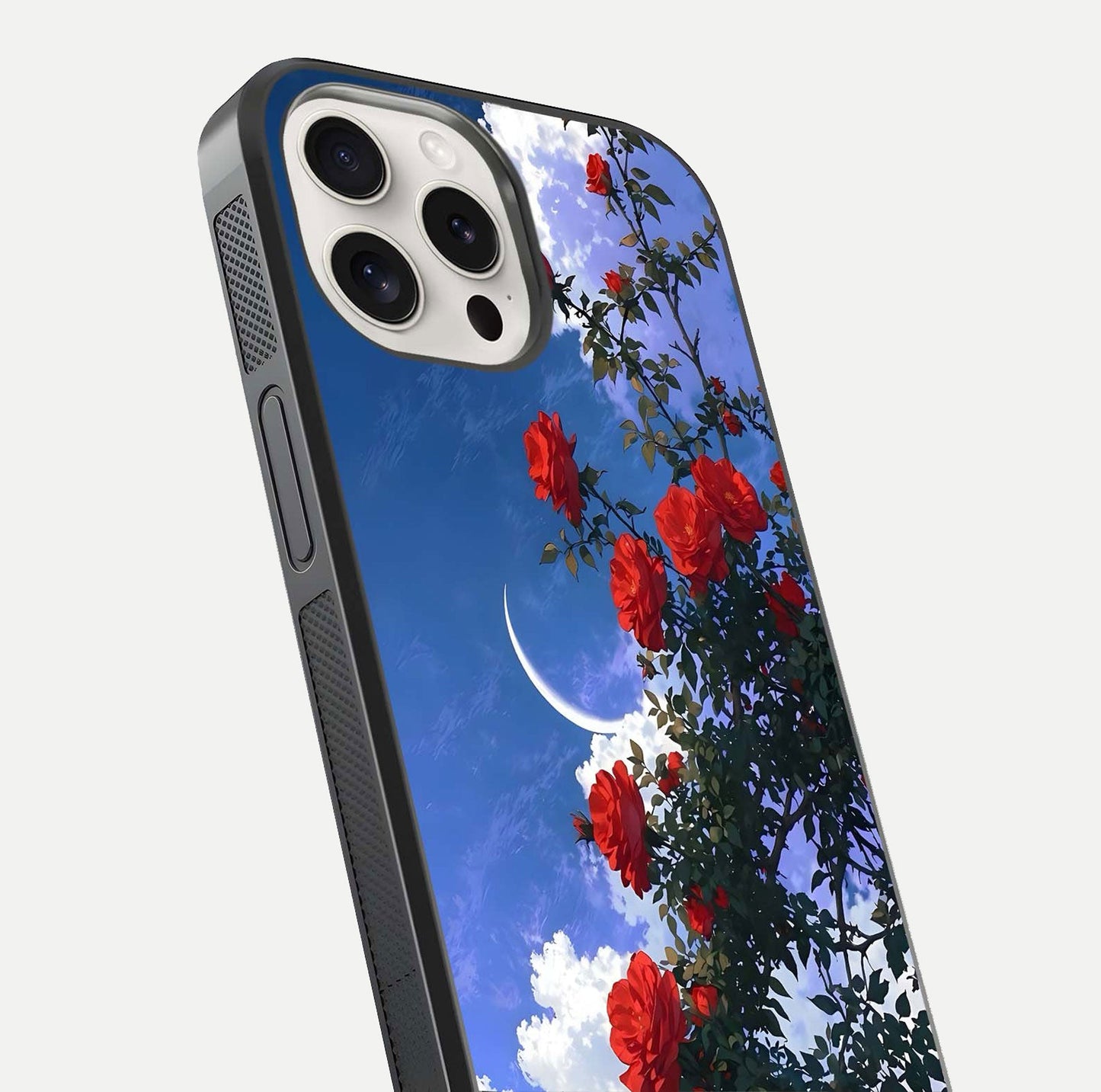 Rose Drift Flowers Glass Case for iPhone 15 Pro Max close-up angled shot highlighting floral texture and reflection