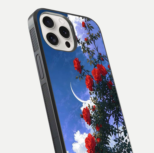 Rose Drift Flowers Glass Case for iPhone 15 Pro Max close-up angled shot highlighting floral texture and reflection