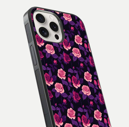 Rose Garden Twilight Glass Case for iPhone 15 Pro Max close-up angled shot highlighting rose contrast and reflection