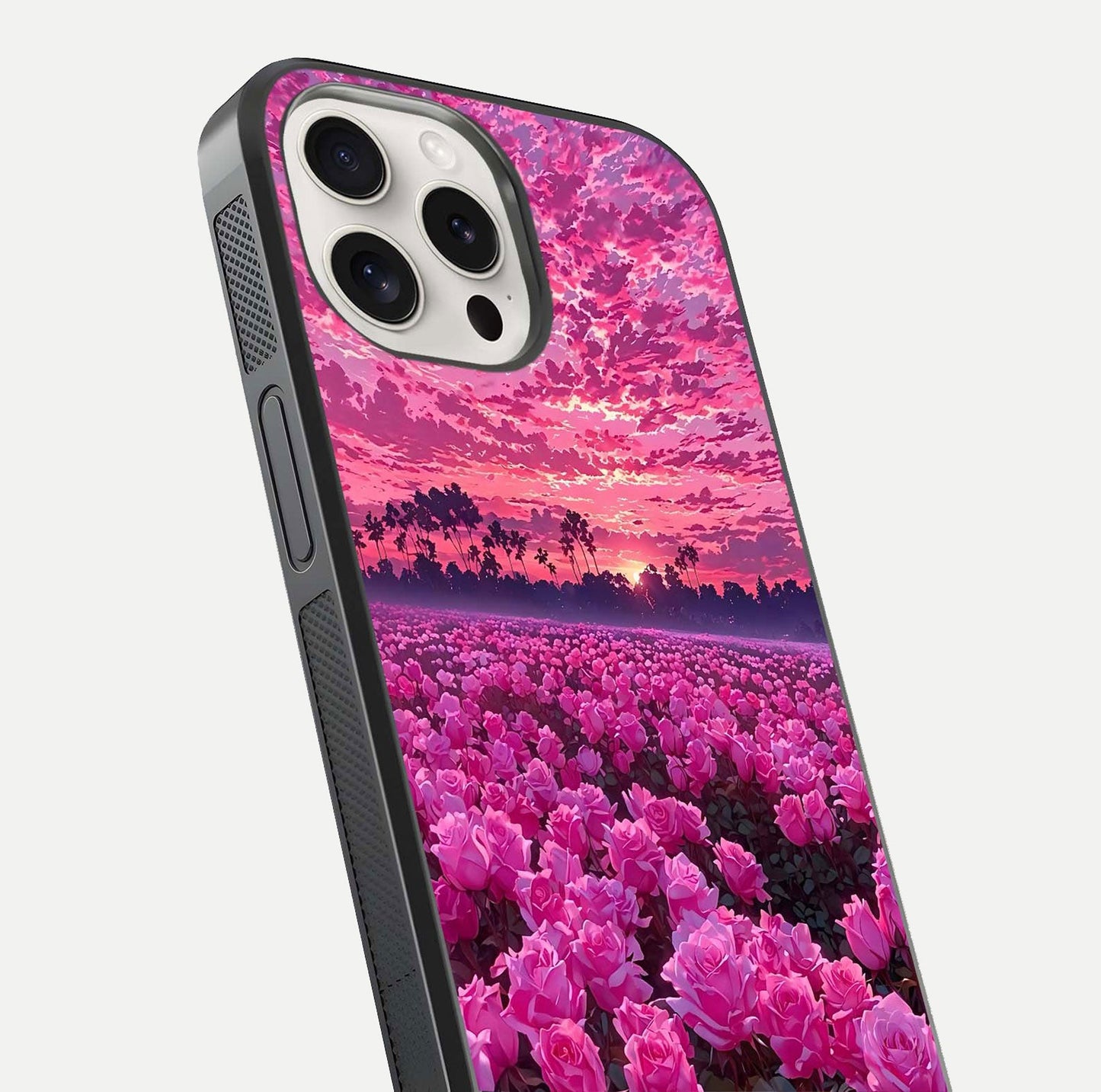 Rose Sunset Valley Glass Case for iPhone 15 Pro Max close-up angled shot showing rose detailing and golden hues