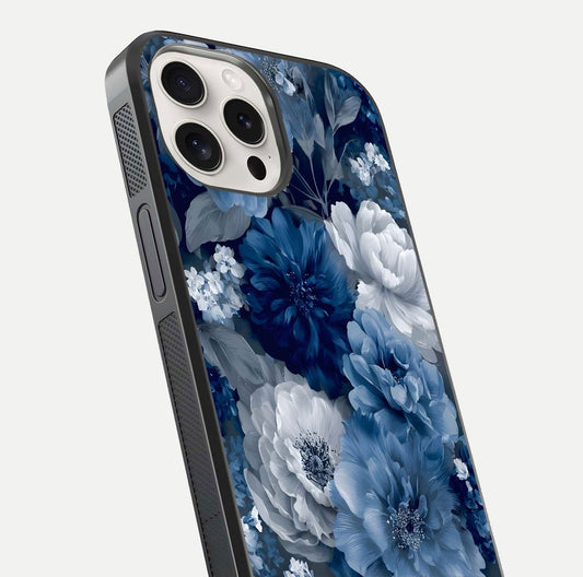 Royal Bloom Garden Glass Case for iPhone 15 Pro Max close-up angled shot highlighting royal bloom texture and reflection