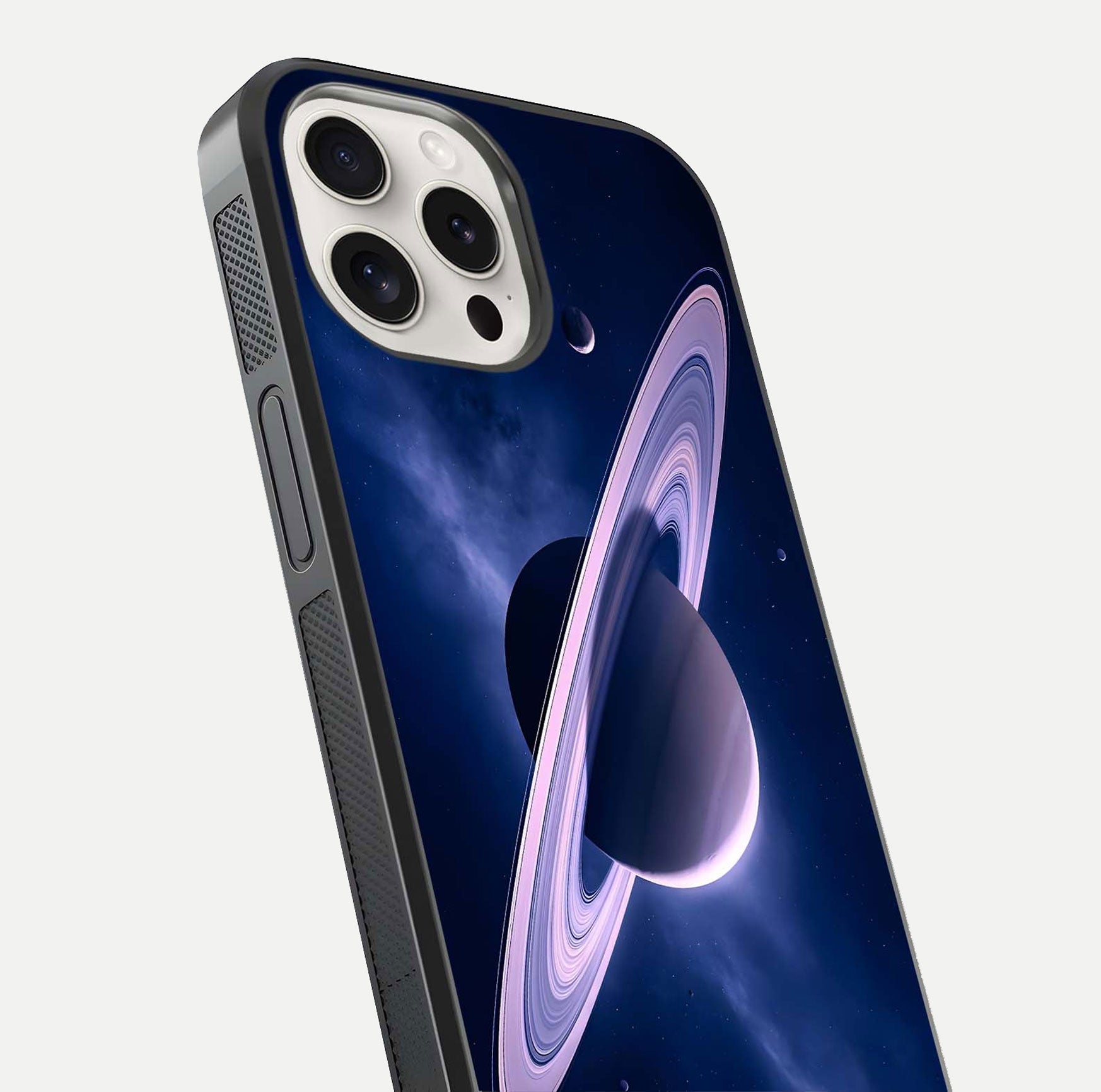 Saturn Ring Mystique Glass Case for iPhone 15 Pro Max close-up angled shot highlighting ring detail and HD reflection