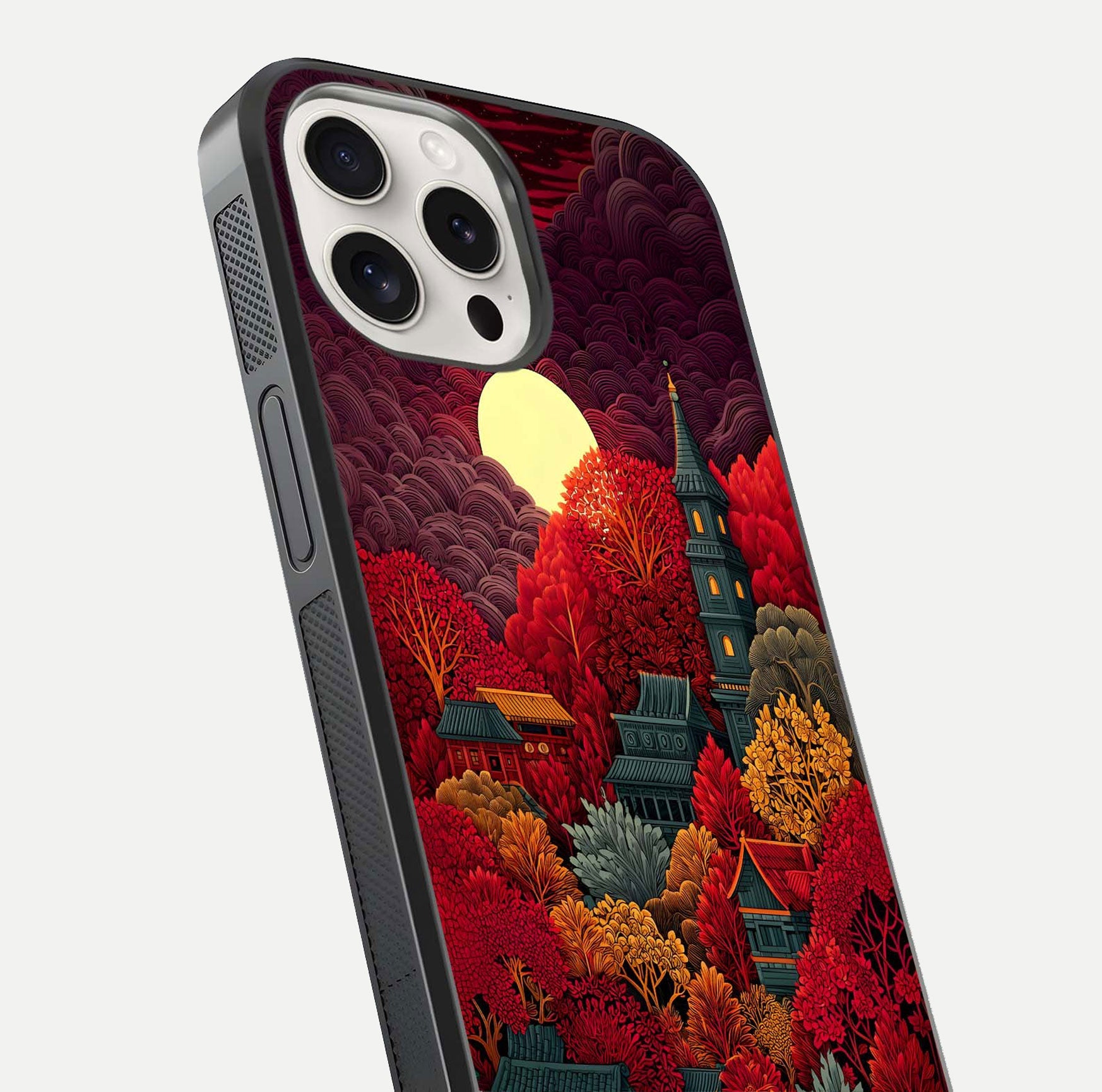 Scarlet Autumn Temple Glass Case for iPhone 15 Pro Max close-up angled shot highlighting golden leaves and reflection