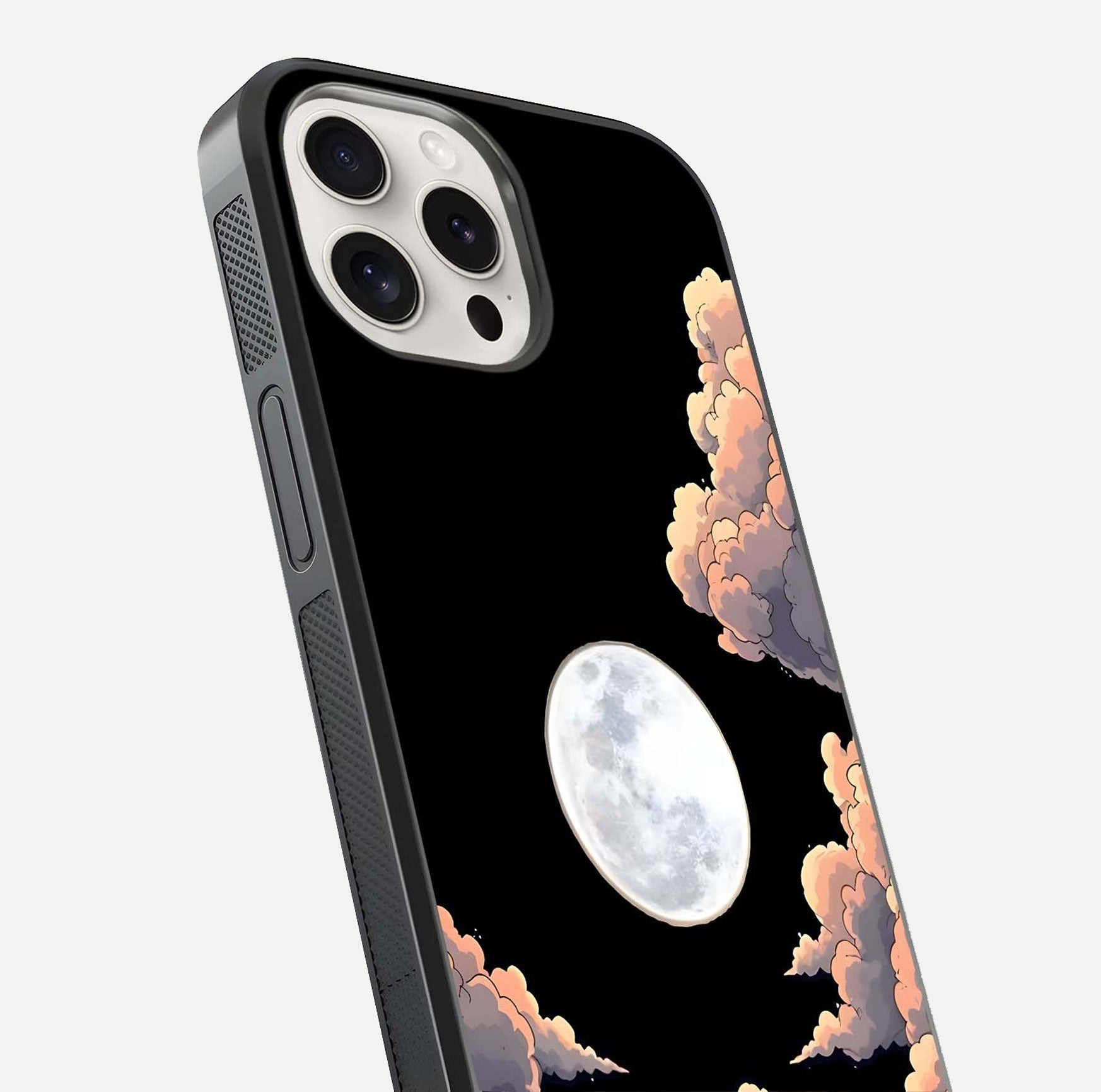 Shade Cloud Moon Glass Case for iPhone 15 Pro Max close-up angled shot highlighting moon reflection and depth