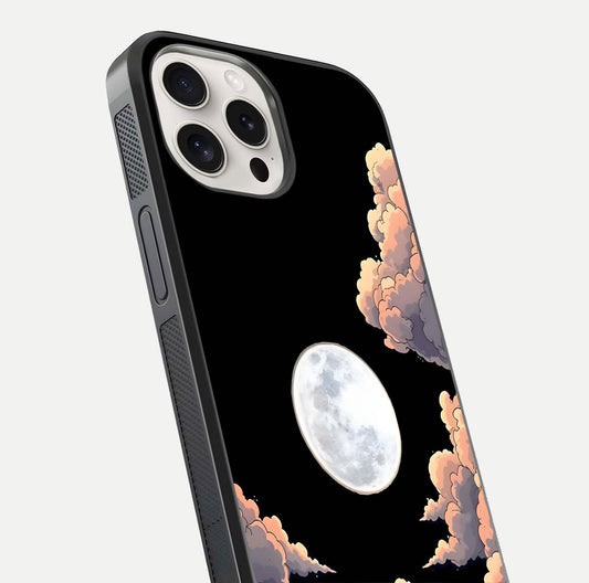 Shade Cloud Moon Glass Case for iPhone 15 Pro Max close-up angled shot highlighting moon reflection and depth
