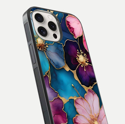 Sparkle Floral Glass Case for iPhone 15 Pro Max close-up angled shot highlighting shimmer details and reflection