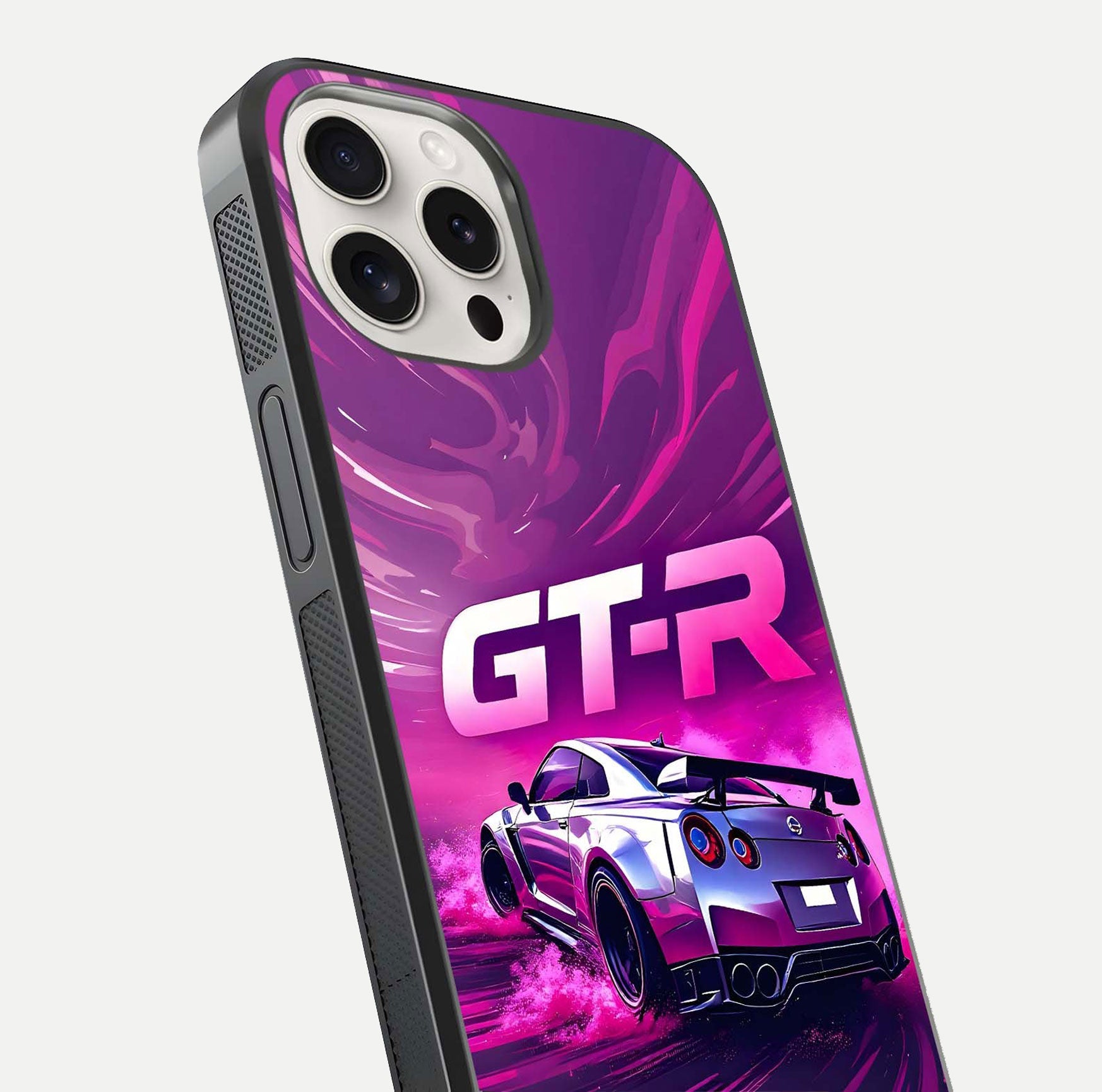 Speed Drift Legend Glass Case for iPhone 15 Pro Max close-up angled shot highlighting speed lines and reflection