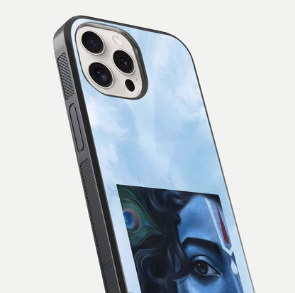Spiritual Krishna Glass Case for iPhone 15 Pro Max close-up angled shot showing HD print, color tone, and reflection