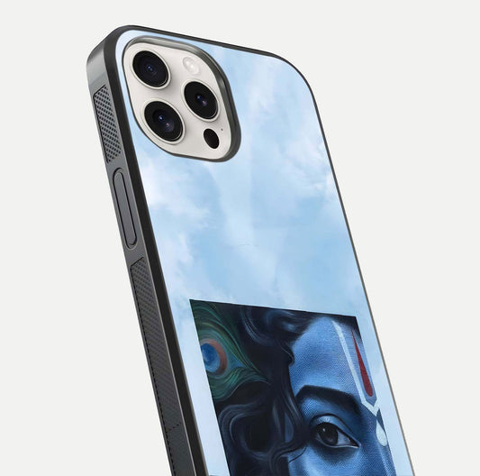 Spiritual Krishna Glass Case for iPhone 15 Pro Max close-up angled shot showing HD print, color tone, and reflection
