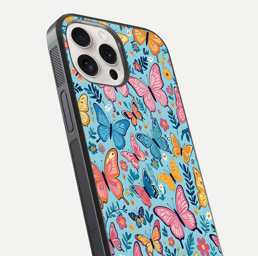 Spring Wing Garden Glass Case for iPhone 15 Pro Max close-up angled shot highlighting petal details and reflection