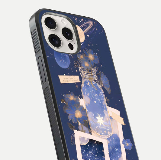 Starlit Cosmic Jar Glass Case for iPhone 15 Pro Max close-up angled shot highlighting stars, reflections, and HD shine