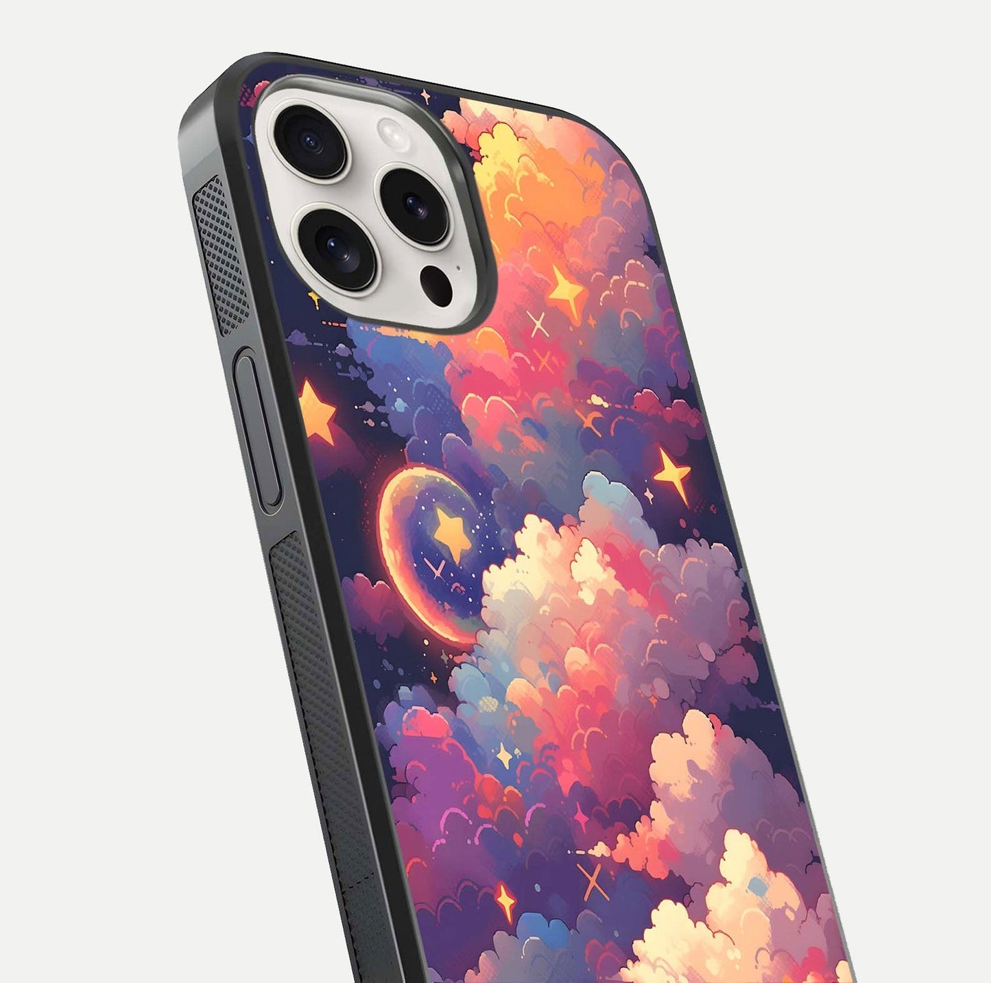 Starlit Dream Clouds Glass Case for iPhone 15 Pro Max close-up angled shot highlighting cloud texture and reflection